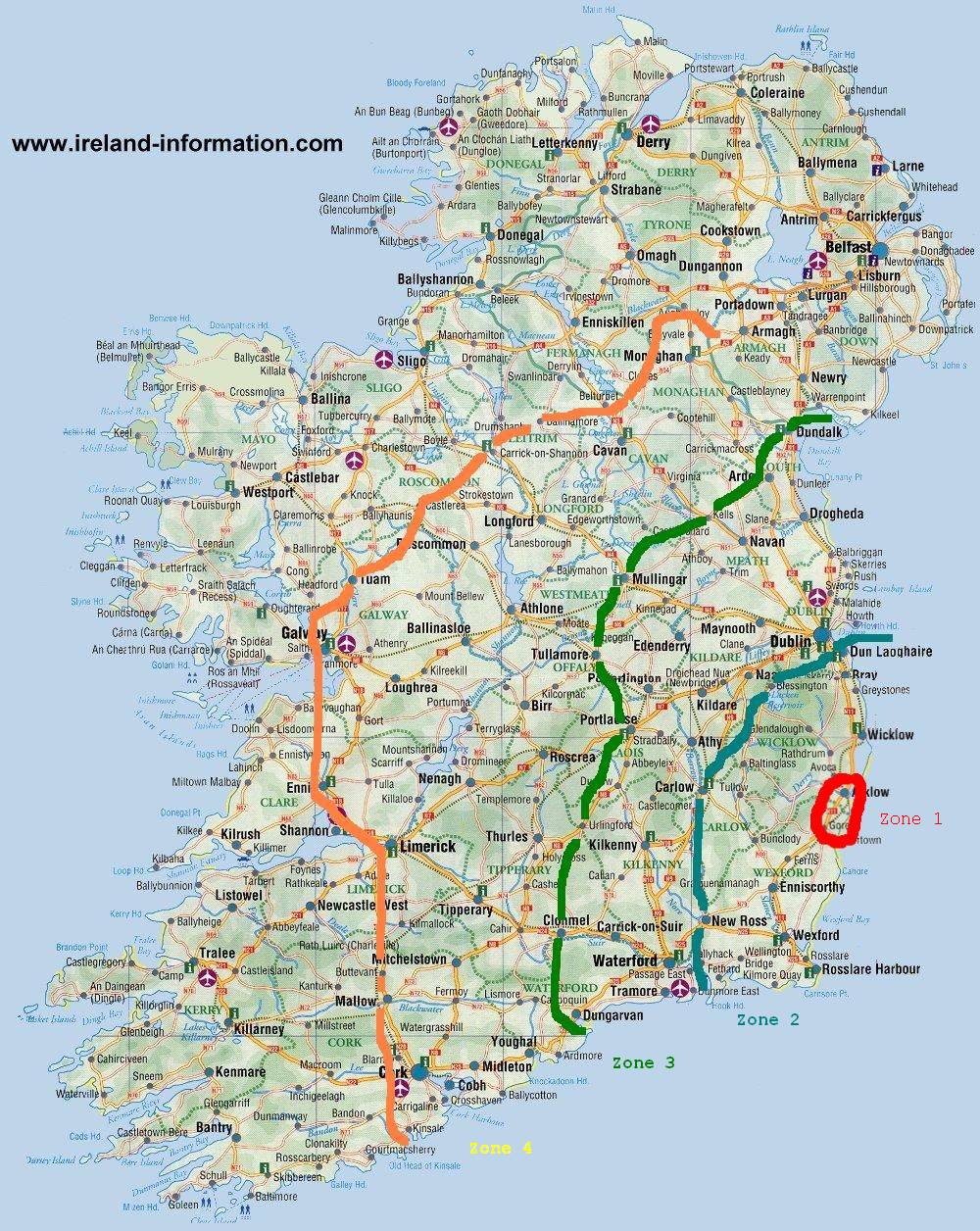 map of our travel zones in Ireland, thanks to www.ireland-information.com